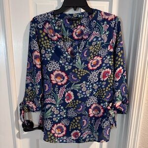 Zac & Rachel Floral Blouse Blue Multicolor Tie Sleeve Size M